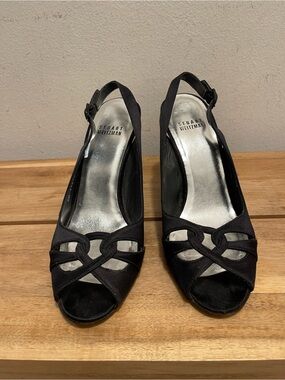 Stuart Weitzman Black Satin Peep Toe Slingback Heels - Size 7.5 M